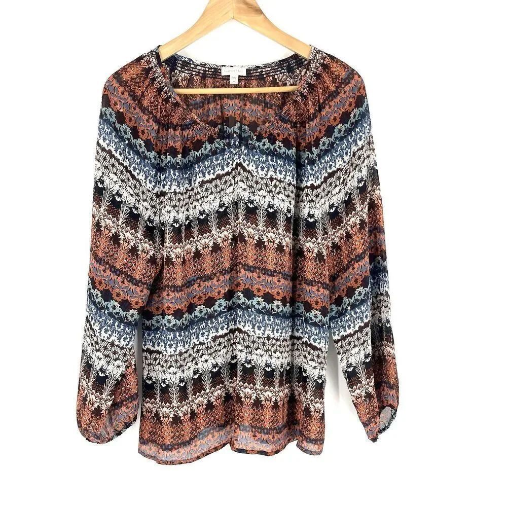 Garnet Hill Top Size Medium Silk Blouse Floral Sheer Smocked Boho Cottagecore